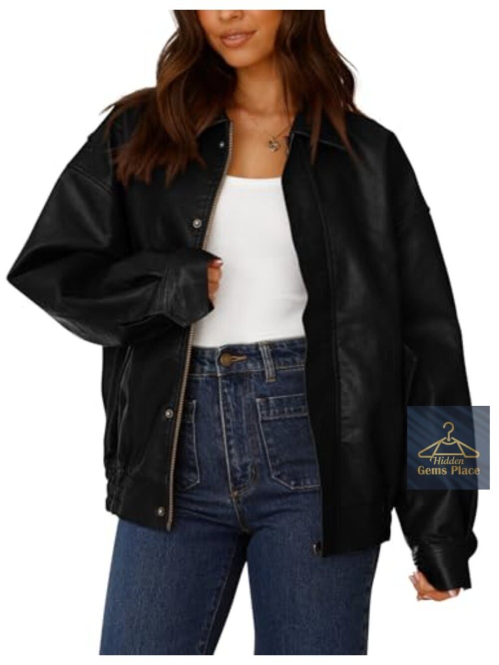 Women's Faux Leather Motorcycle Jacket Oversized Zip Up Biker Coat Long Sleeve